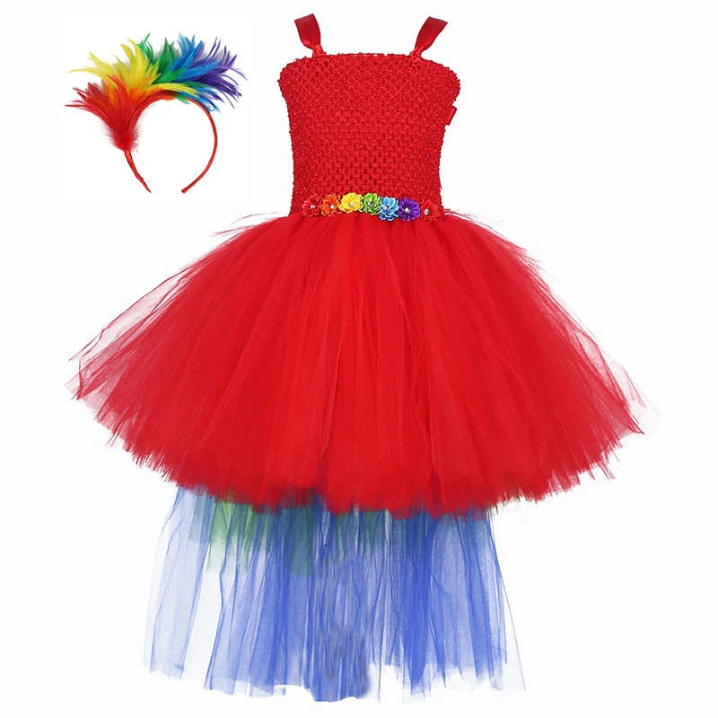 

Macaw Parrot Costume for Girls High Low Princess Dresses with Rainbow Feather Headband Flower Girl Layered Trailing Tutus Outfit