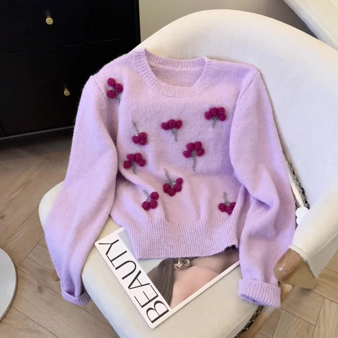 

Women Purple Pullover Sweater Harajuku Korean 3D Floral Long Sleeves O-Neck Sweaters 90s Vintage Y2k 2000s Cutecore Clothes 2025