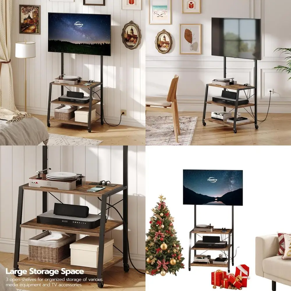 

55 TV Corner Stand with Mount, 3-Tier Storage, Entertainment Center in Rustic Brown & Black BF66UDS01