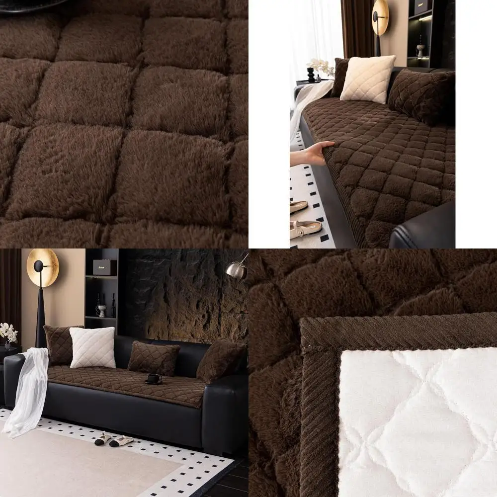 

Washable Faux Fur 3-Cushion Sofa Cover, Soft Plush Pet-Friendly Couch Cover with Anti-Slip Plaid Pattern, Brown, 28x59