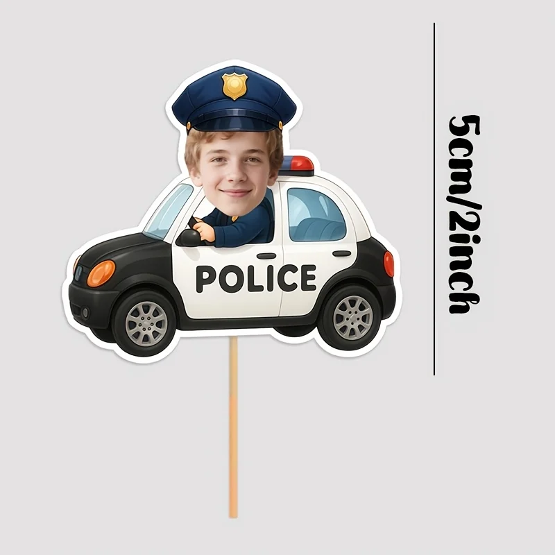 20/30 Pieces of Custom Police Car Face Photo Cake Toppers - Personalized Face Photo Police Car Cake Decorations, Birthday Party Decorations, Perfect for Police Car Themed Birthday Parties, Birthday Party Supplies, Police Decorations, Custom Photo Cake Toppers
