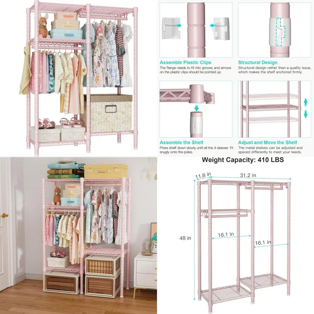 

Portable 4-Tier Metal Clothing Rack for Kids and Babies, Pink, 31.2W x 11.8D x 48H