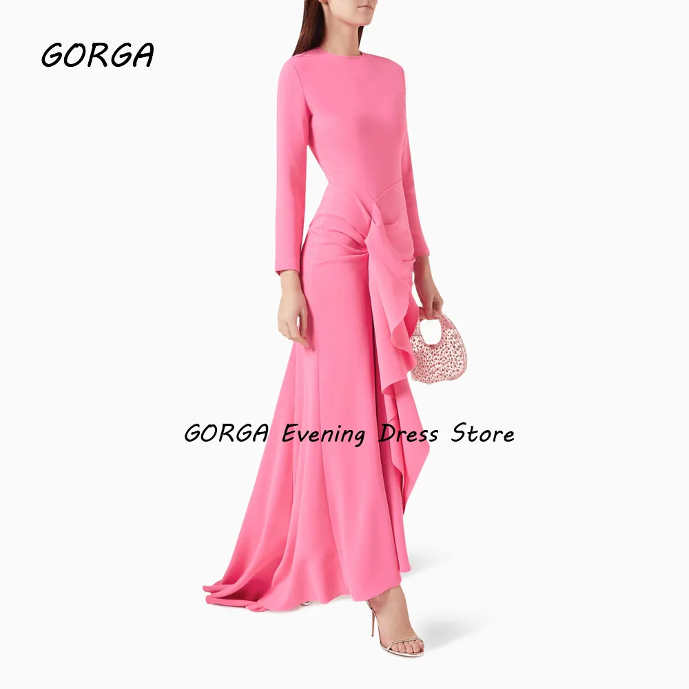 GORGA Simple Pink O-Neck Pleat Mermaid 2024 Slim Crepe Long Sleeve Ocassion Gown Floor-Length Formal Evening Dress