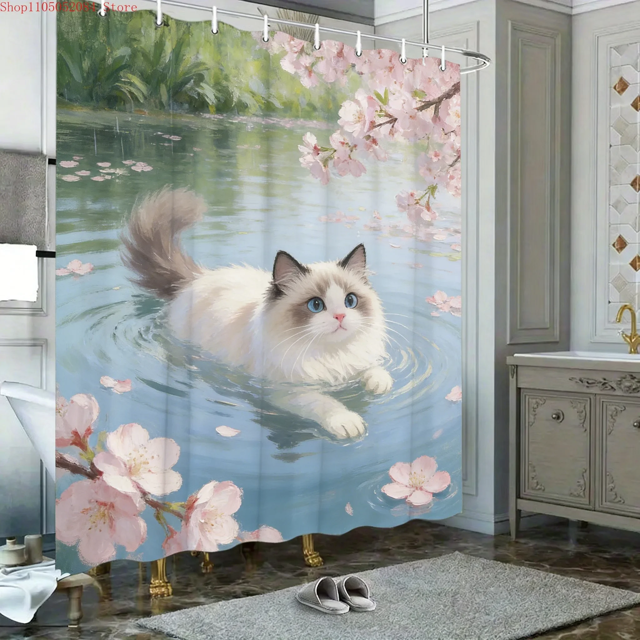 Ragdoll Cat in Pond with Cherry Blossoms Waterproof Shower Curtain for Bathroom Decor