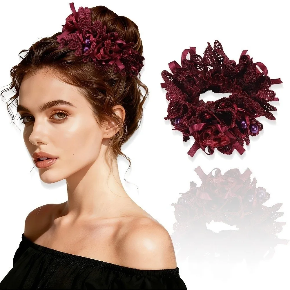 Beads Sweet Lace Hair Tie Polyester Fabric Bow Flower Embroidered Hair Scrunchies Lightweight Hair Rope Hair Accessory Girl