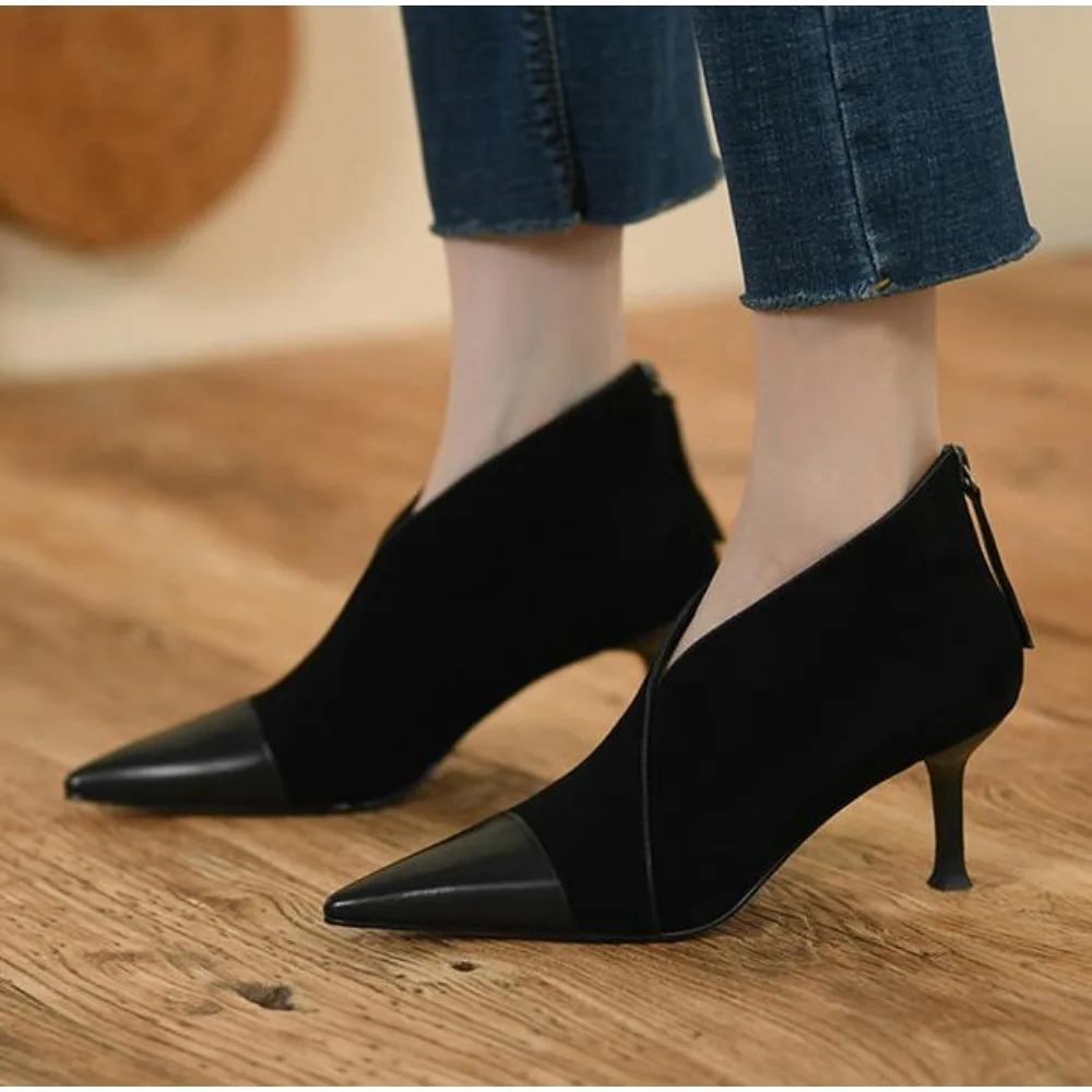 French Retro Pointed Thin Heeled Short Boots with Kitten Heels Ankle Boots, Combined with Elastic Deep Cut High Heels for Women