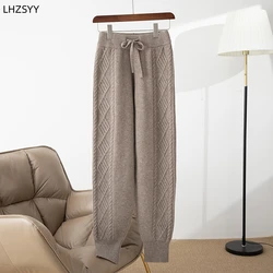 LHZSYY Ladies 100% Merino Pure Wool Pants Jacquard Warm Trousers Autumn Winter Knit Casual Pants Loose Feet Radish Pants Sports