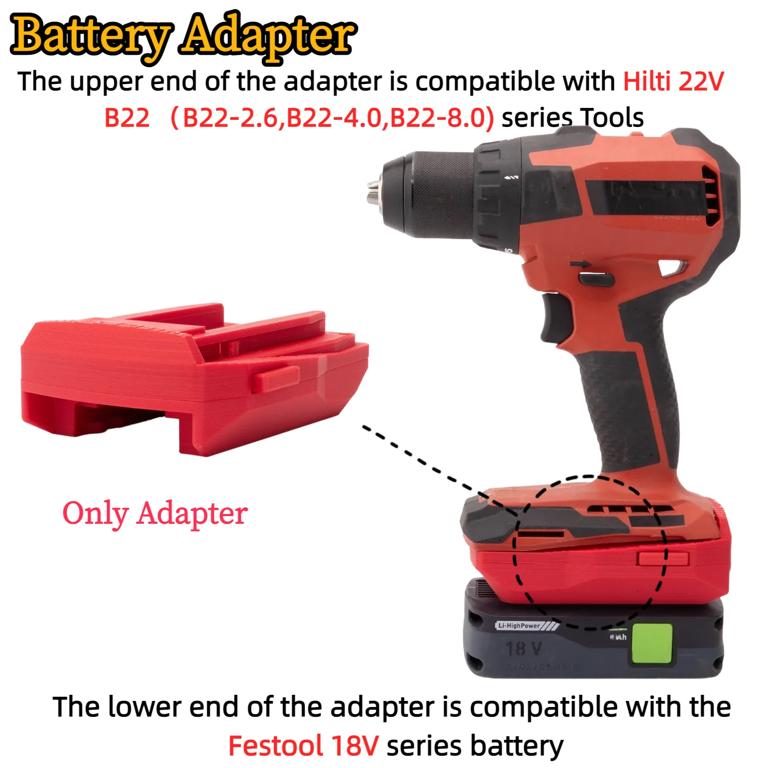Battery Adapter/Converter for Festool 18V Li-ion Battery TO Hilti 22V B22（B22-2.6,B22-4.0,B22-8.0)Drill Tools (Only Adapter)