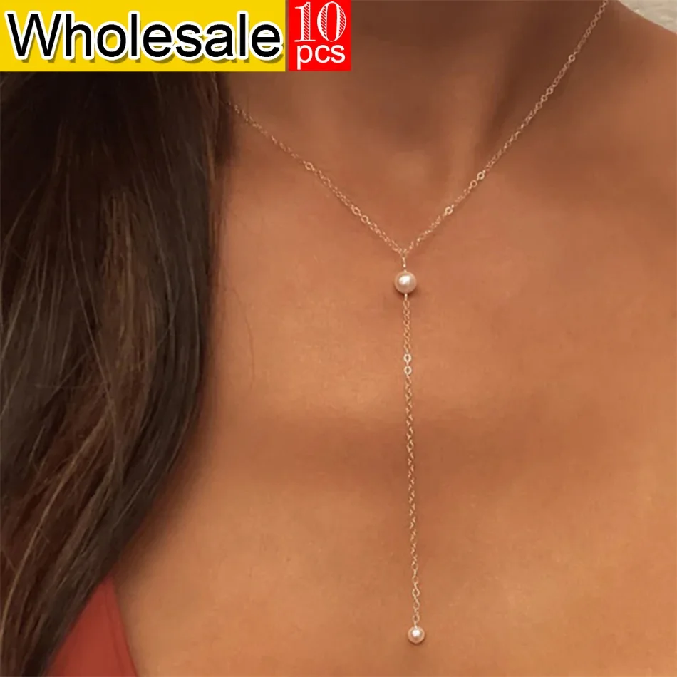 

women 10PCS New Stainless Steel Y-shaped Imitation Pearl Chain Necklace Charm Clavicle Fashionable Jewelry Wholesale