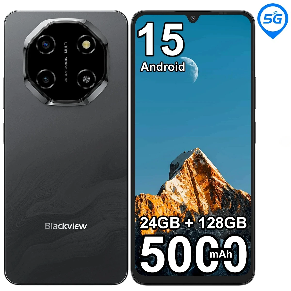 Blackview Smartphone Shark 6 [chargeur non inclus pour le marché européen] Android 15 24 Go (8 + 16 Go) + 128 Go 5000 mAh 120 Hz 6,88" IPS NFC