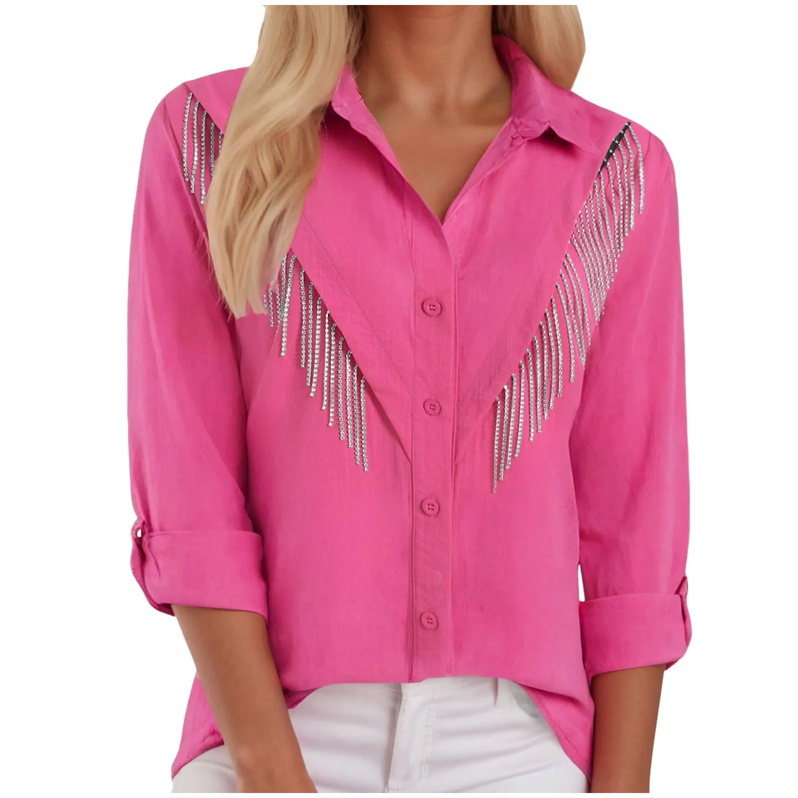 

Women Rhinestone Fringe Shirt Tassel Button Up Shirt Roll Up Sleeve Shiny Sparkly Shirt Party Western Country Concert Outfits