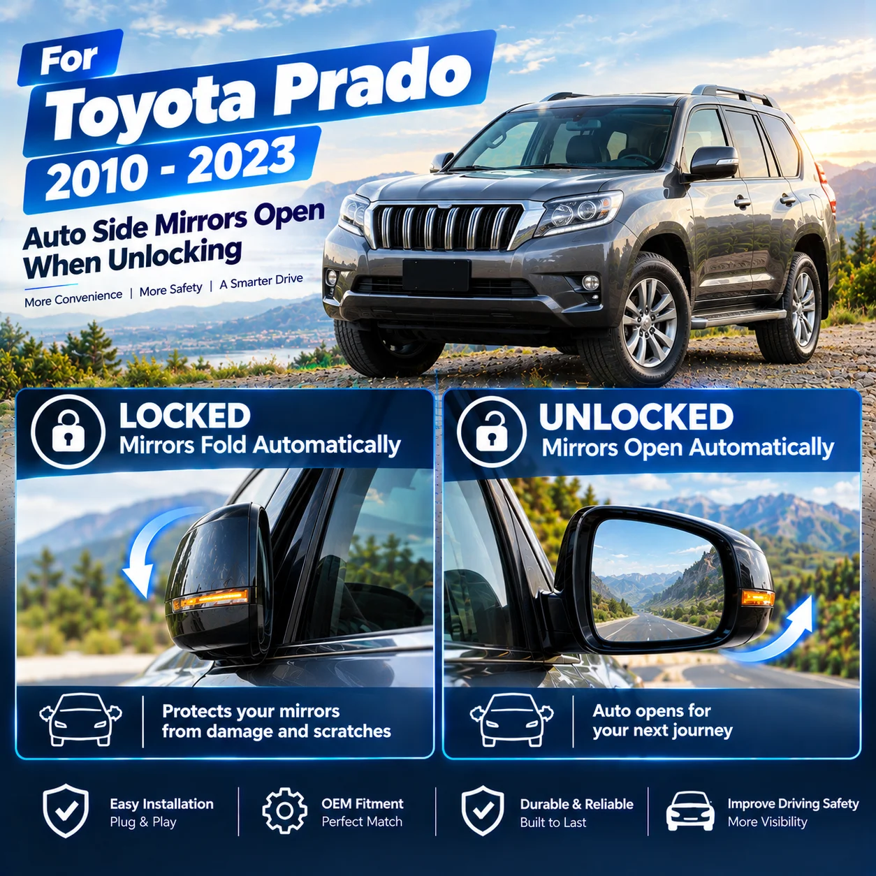 Automatic side mirror folding module for Toyota Prado(10-23): folds upon locking, unfolds upon unlocking.