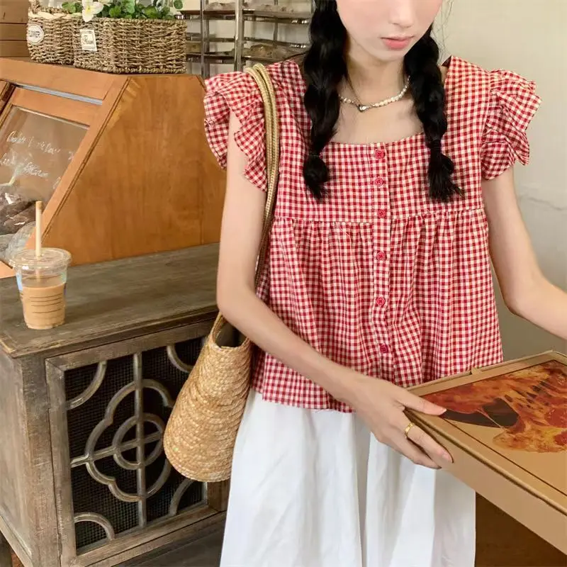 

Summer Korean Sweet Cute Blouse Short Sleeve Plaid All-match Backless Pleated Loose Shirt Tops Fashion Casual Women Clothing