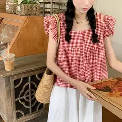 Summer Korean Sweet Cute Blouse Short Sleeve Plaid All-match Backless Pleated Loose Shirt Tops Fashion Casual Women Clothing