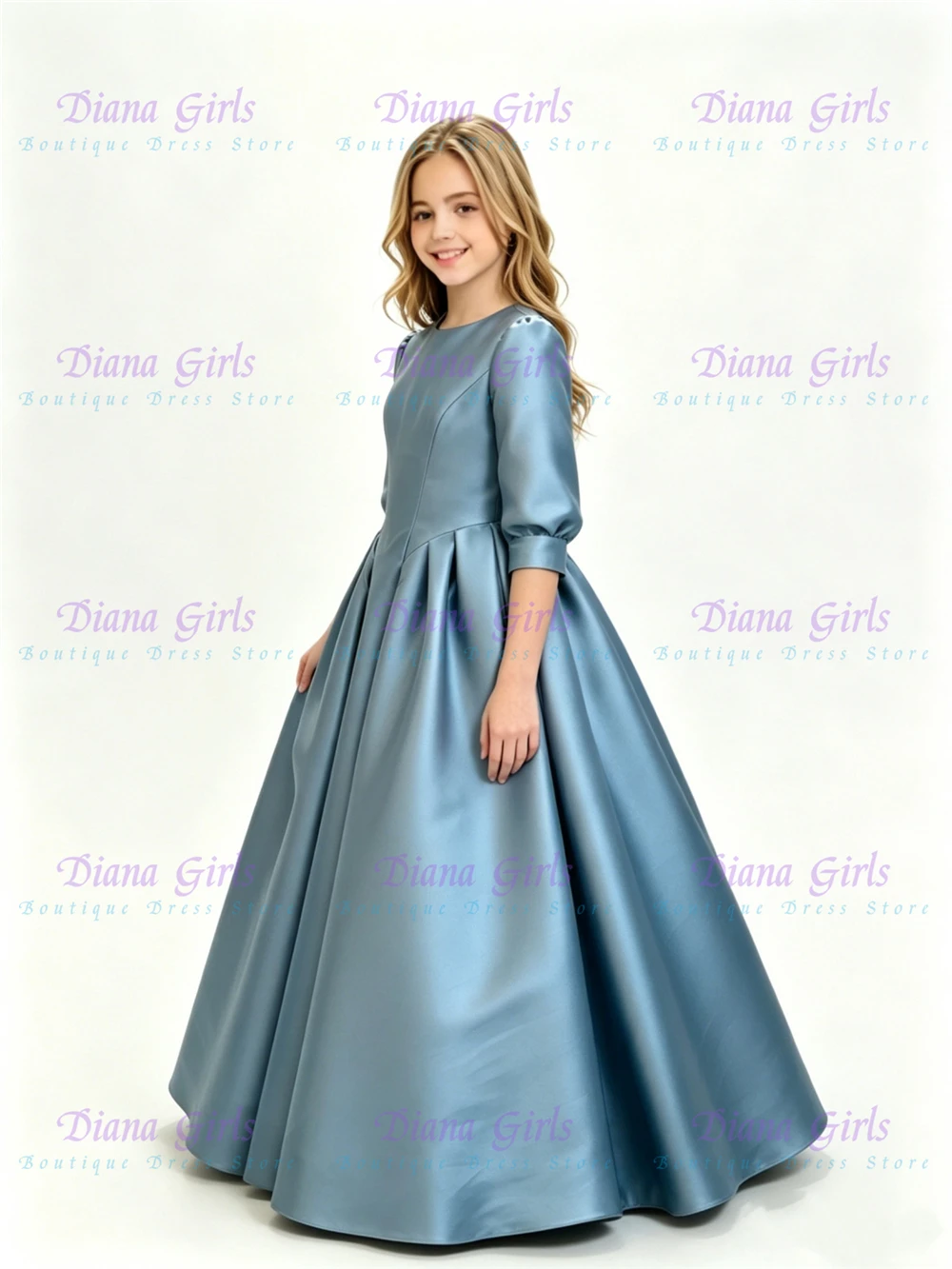 Neues blaues Satin-Blumenmädchenkleid, hochwertig, flauschig, mit großer Schleife, für Kinder, Hochzeit, Geburtstagsfeier, Abendballkleider, anpassbar – Detail 2