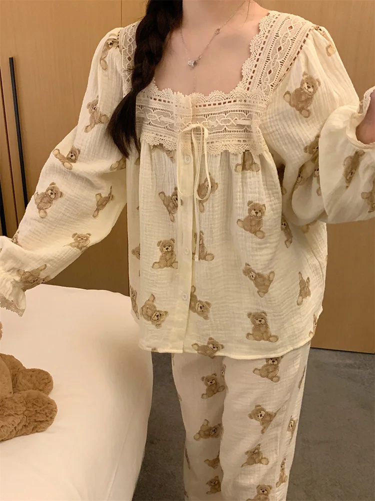 

Bear Cartoon Lace Print Sweet Princess Summer Spring Long Sleeve Pajama Set Women Cute Kawaii Elegant Casual Loose Sleep Tops