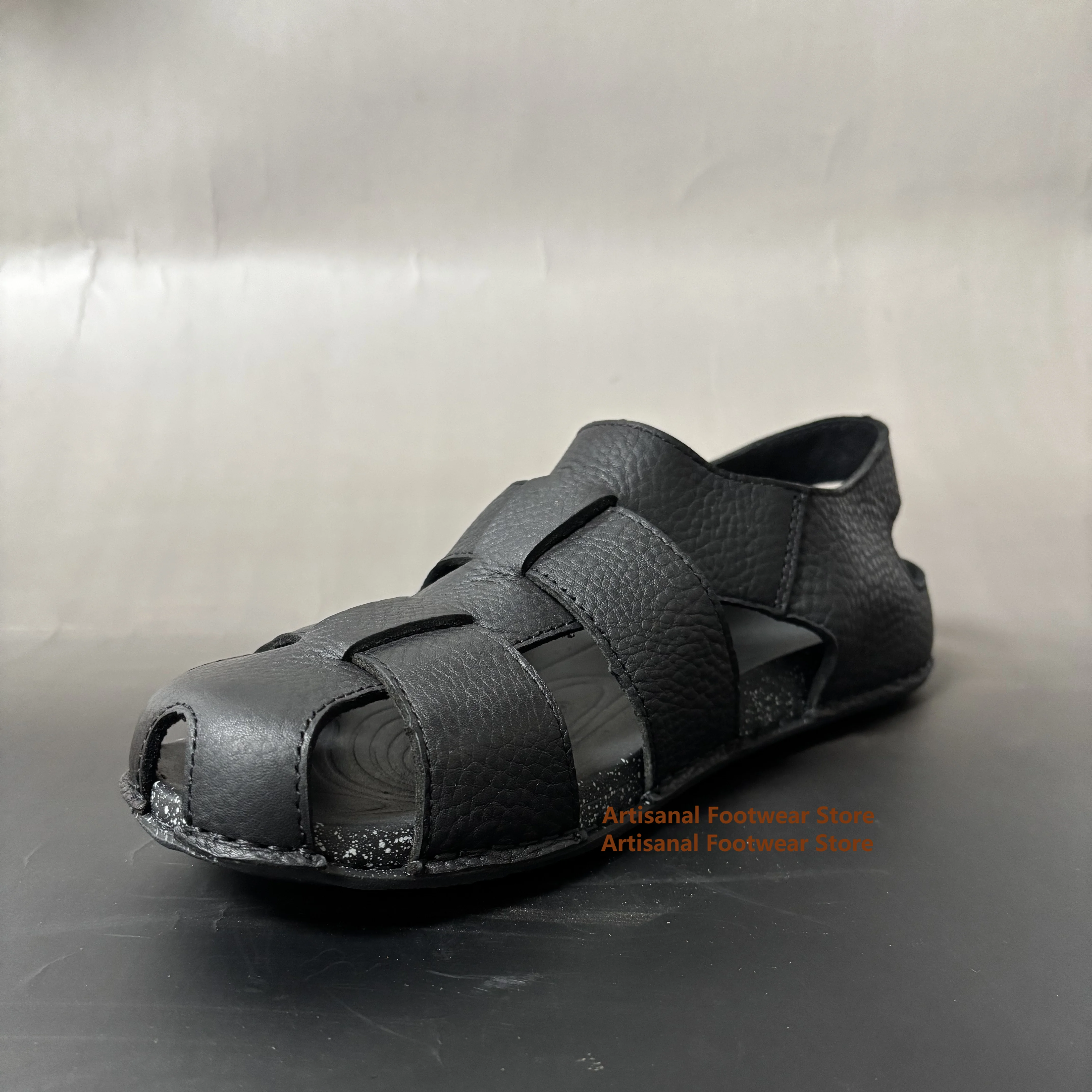 

Black Leather Round Toe Sandals Breathable Casual Outdoor Shoes for Men Adjustable Strap Casual Shoes Summer Men's Sandals