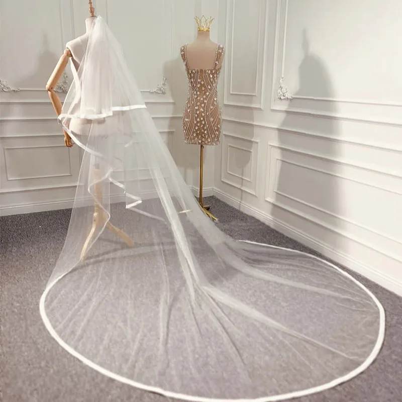 Cathedral Long Wedding Veil Satin Ribbon Edge 2 Tiers White Ivory Bridal Veil Covered Front Soft Tulle Veil for Bride Customized