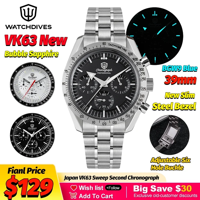Watchdives WD1863 Mechanical Quartz Watches Black Spaces VK63 Chronograph Sports Watches Man Bubble Sapphire Waterproof Watch