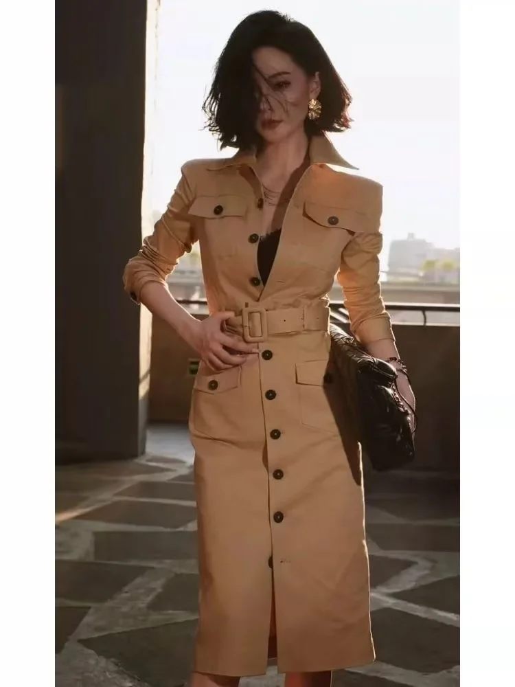 فستان بولو RAIN YAN LIN بقصة ضيقة بلون سادة وأكمام طويلة على الطراز البريطاني للنساء، فستان أنيق للتنقل في الربيع