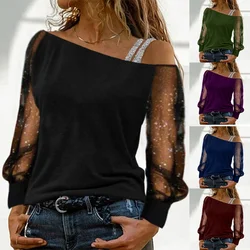 2023 Summer Women Fashion Tops Long Sleeves Solid Color Sexy Off-the-Shoulder Tops Casual Street T-Shirts Retro Sling Clothes