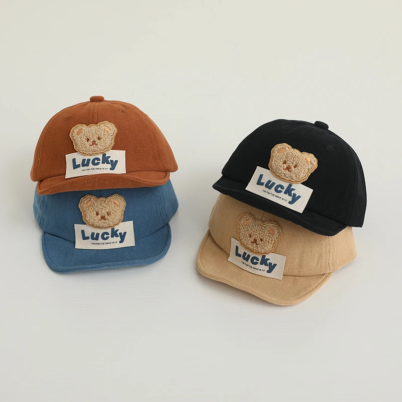 Korean Bear Baby Corduroy Baseball Hat Autumn Winter Toddler Soft Brim Peaked Cap Solid Color Cartoon Infant Boys Girls Bonnet