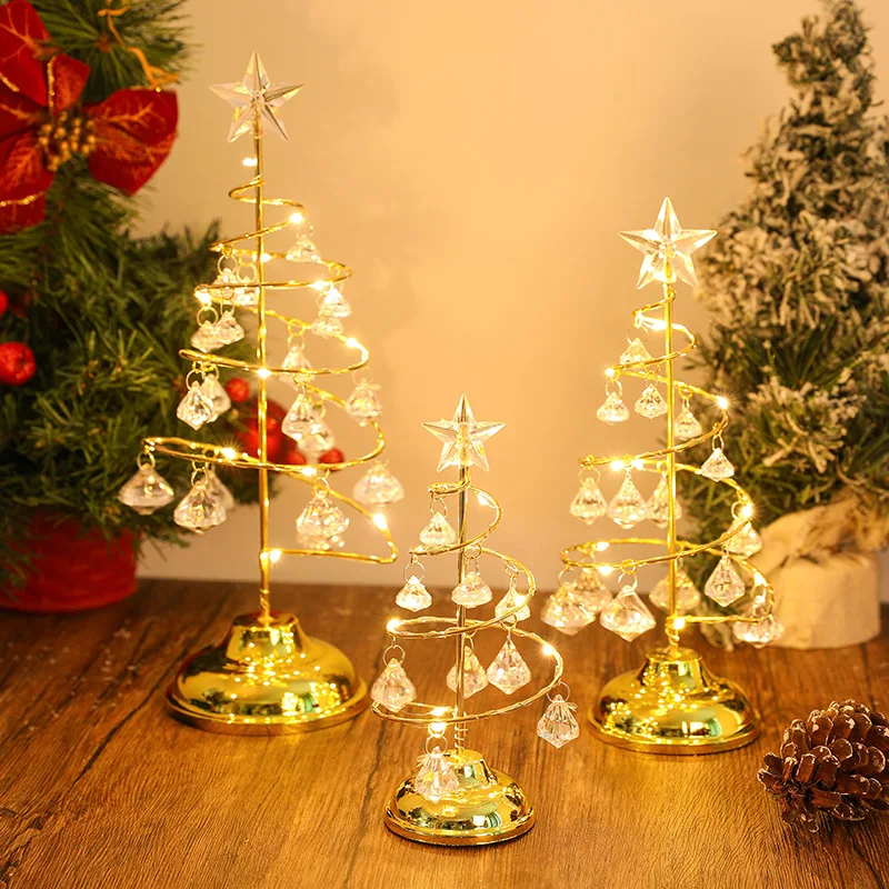 Crystal Christmas Tree Lamp Festive Atmosphere Creation Creative Iron Tree Desk Table Lamp  Battery Operated Home Xmas Decor