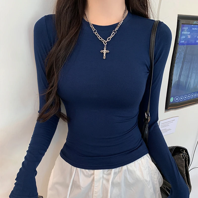 

1pcs Women Sexy Slim-fit Tshirt Hottie Girl Long-sleeved T-shirt Female Spring Autumn Solid Comfort Soft Top ins Lady Base Shirt