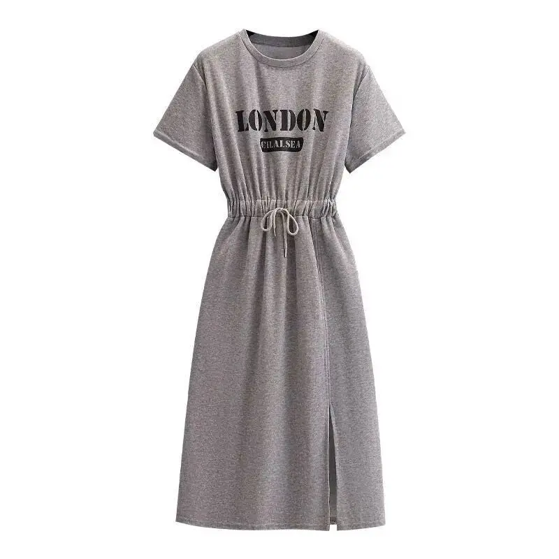 Summer Letter Printing Pleated Lacing Midi Dress Round Neck Short Sleeve Loose Casual Dresses Fashion Simplicity Women Clothes