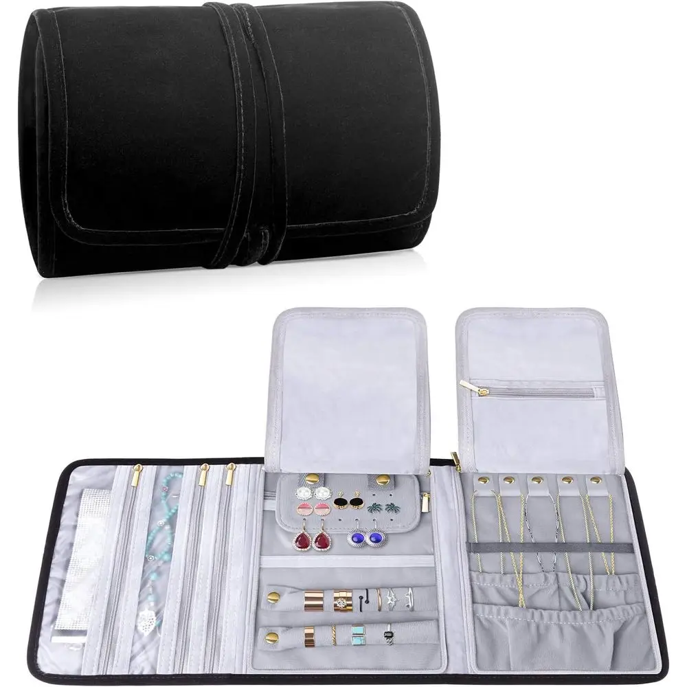 

Компактный бархатный органайзер для ювелирных изделий в рулоне для ожерелья, серег, браслетов, колец и многого другого - большой, черный