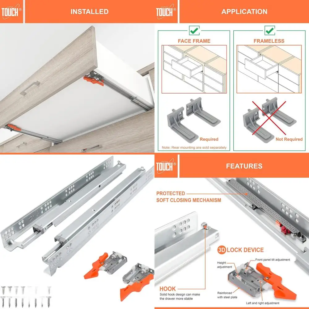 

Регулируемые направляющие для выдвижных ящиков скрытого монтажа, с функцией самозакрывания, для боковых панелей 21,5 и 5/8 дюйма, скрытые направляющие, нижнее крепление, нагрузка до 75 фунтов