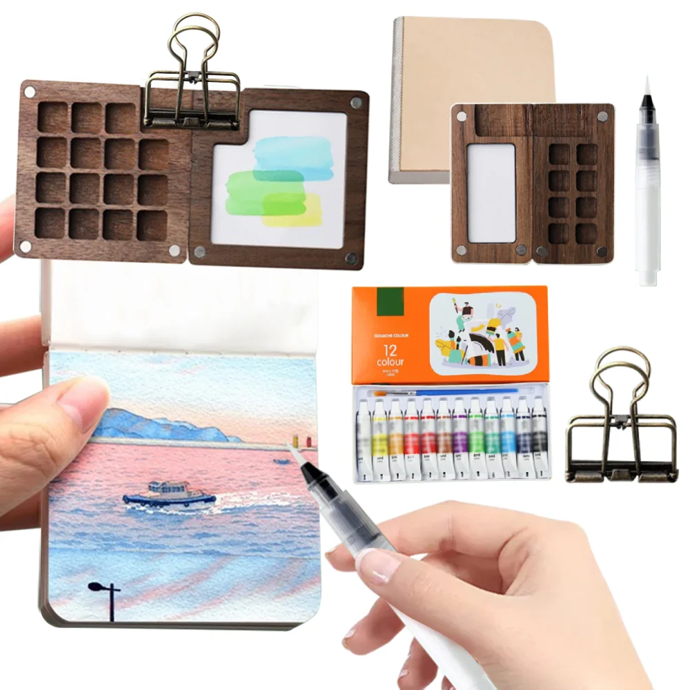 6/15 Grid Wooden Grid Paint Box Pocket Artist Travel Paint Palette Mini Watercolor Paint Set for Painters Artists Students