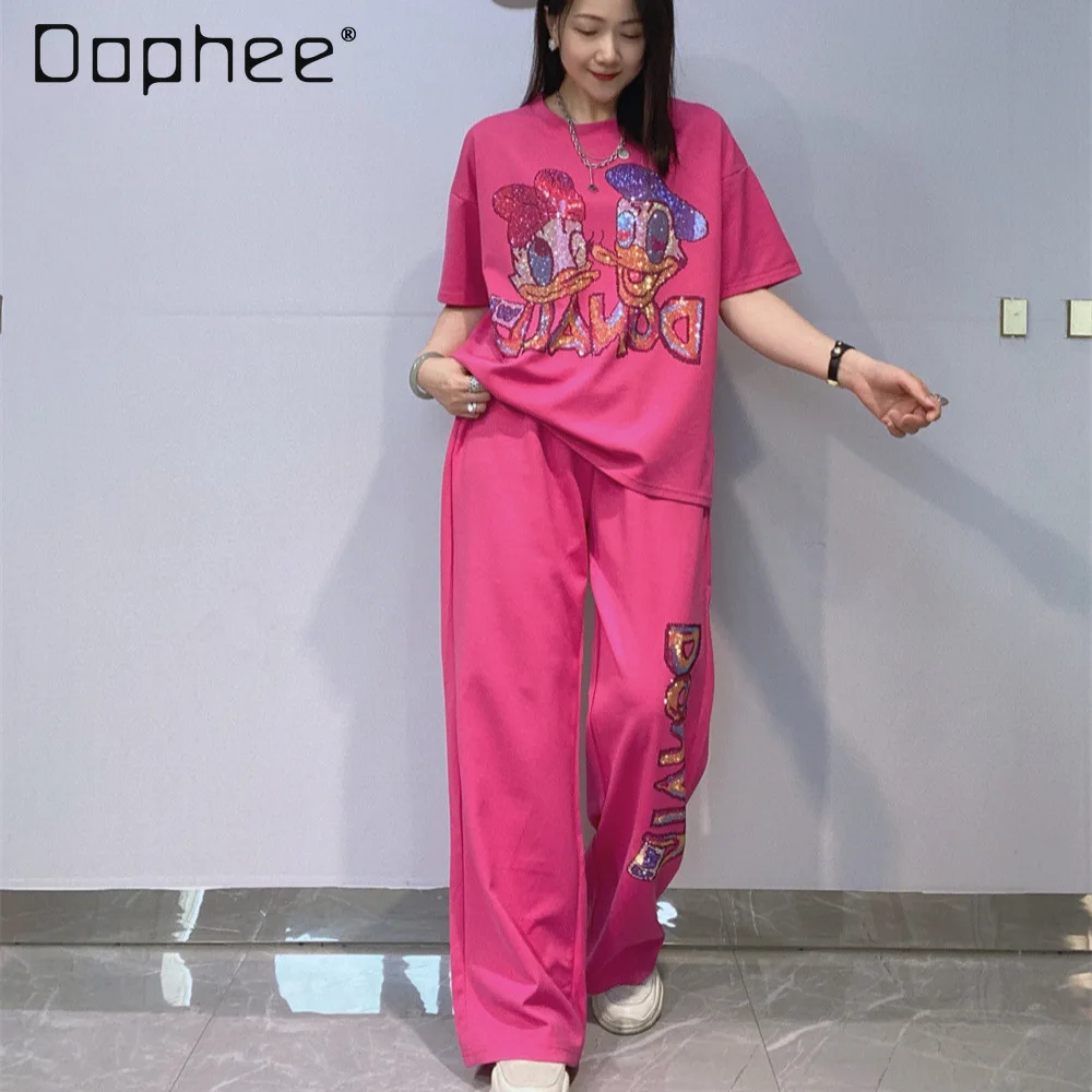 

Women's Fashion Heavy Industry Hot Diamond Pants Set 2026 Summer Short-sleeved T-shirt + Wide-leg Pants Two-piece Set