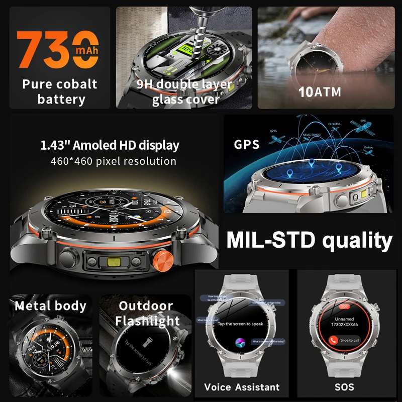 NOWOŚĆ dla HUAWEI outdoor Smart Watch Men 1.43'' AMOLED Display Outdoor Compass Wbudowany AGPS Bluetooth Call 10ATM SWIM Smartwatch