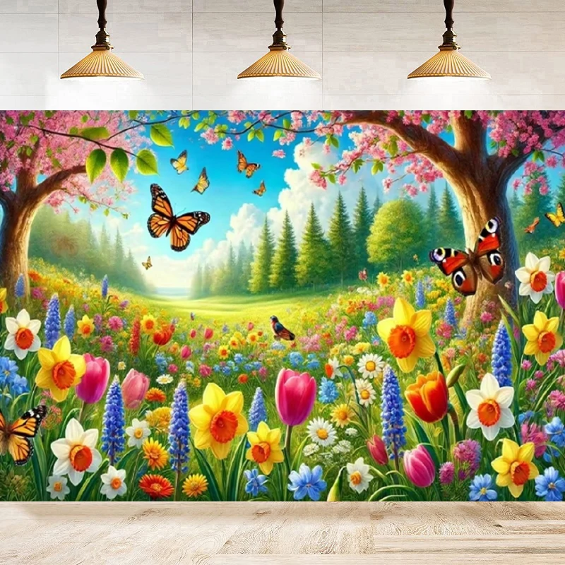 Vibrant Spring Meadow Banner Hearty Greenery And Colorful Flower Background With Butterflies And Birds Poster party Decor