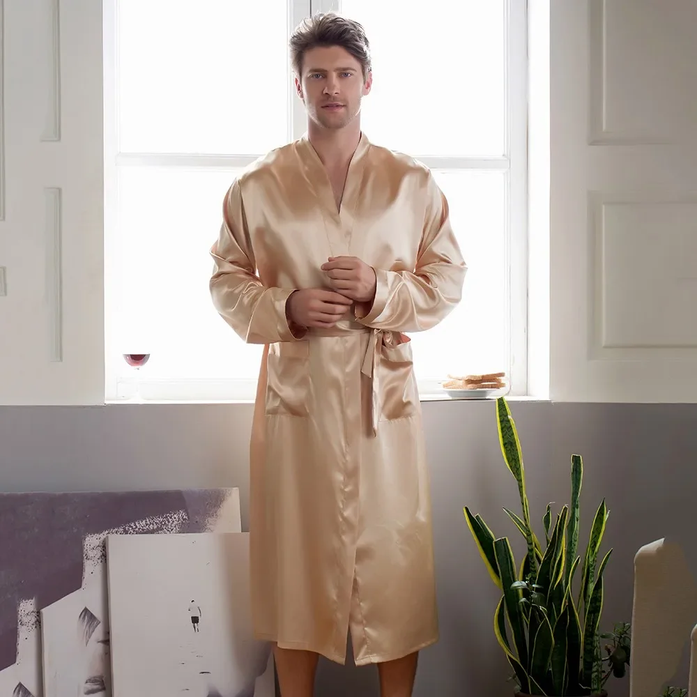 رداء ساتان أزرق كحلي للرجال صيني مع حزام كيمونو رداء حمام ثوب نوم ملابس نوم بيجامات ترفيهية منزلية S M L XL XXL