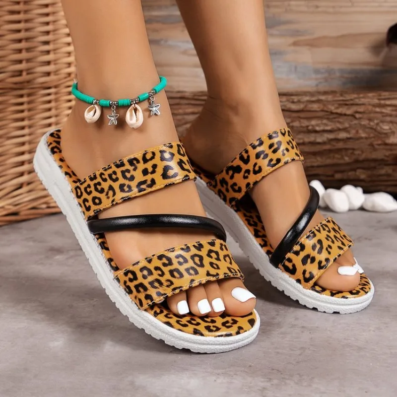 Sandals For Women Fashion Summer Leopard Print Suede Broadband Casual Flat Sandals Shoes Slippers 2024