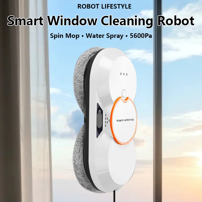 Robotic Window Cleaner Washing Windows Robot with Spray ,Two Water Tank,Spin Mop,5600Pa,Remote control, Home Robot Washer Glass