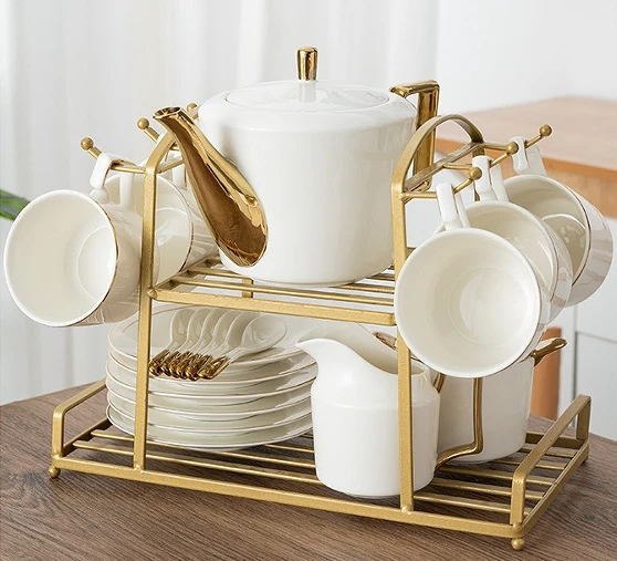 2024 White And Gold Coffee Set With Tea Pot European ,Light Luxury Europe  Cup  Saucer  Spoon