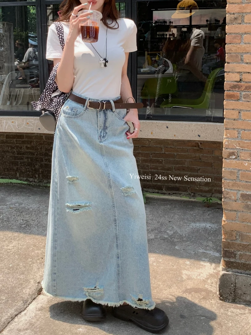 

Slergiri Womens Vintage Raw Hem Ripped Long Denim Skirt American Streetwear High Waist Washed A-Line Jean Skirts Without Belt