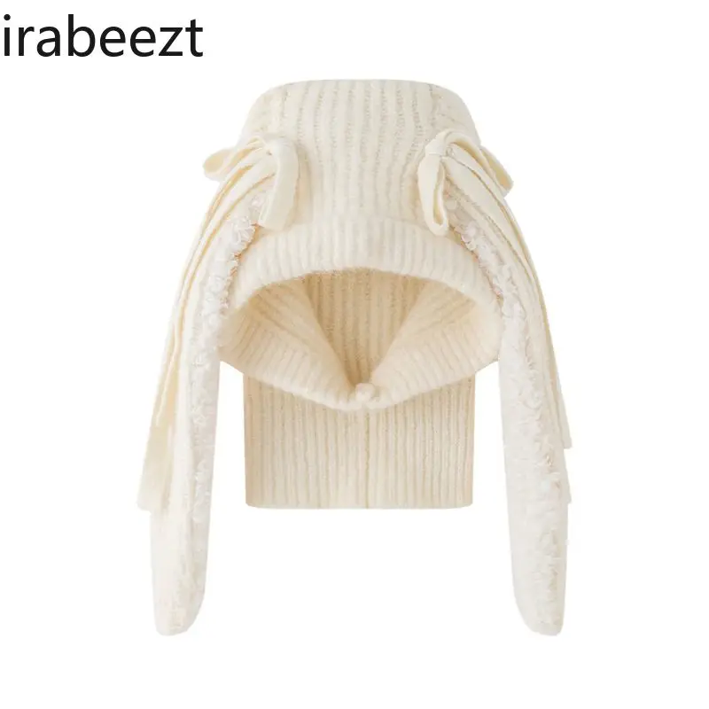 Fashion Design Knitted Bow Hat Rabbit Ear Balaclava Шапка Шлем Для Девочки Scrub Cap Casual Sombreros De Mujer Bunny Ears