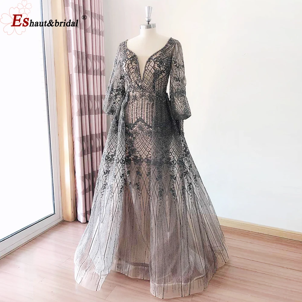 

Dubai Lace Long Flared Sleeves Evening Dress for Women 2025 Mermaid V-Neck Crystal Formal Prom Wedding Party Gown Customized