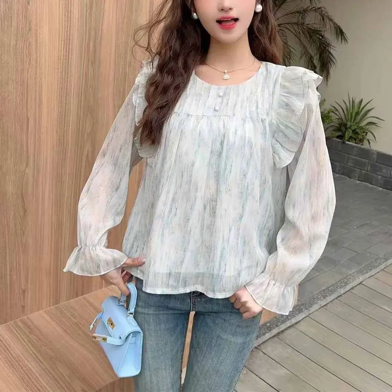 Sweet Printed Ruffles Spliced Blouse Korean O-Neck Female Clothing Fashion Folds Spring Autumn Loose Casual Long Sleeve Shirt