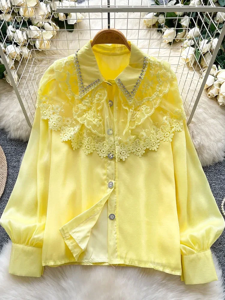 

Рубашка во французском стиле с тяжелым бисером, отложной воротник, кружевные лоскутные повседневные блузки, сетчатые универсальные милые топы премиум-класса