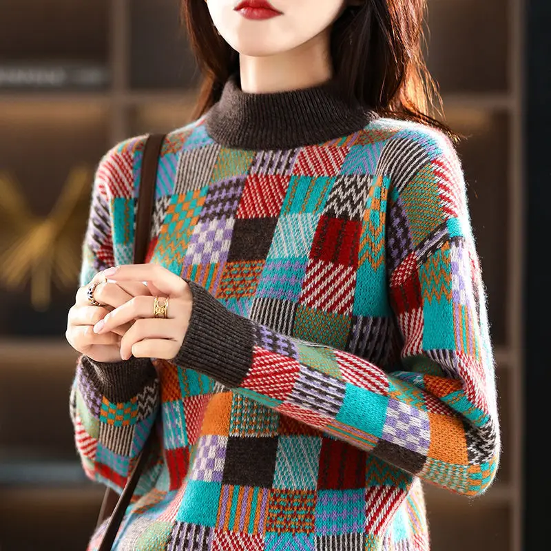 Korean Autumn Winter New Half High Collar Woolen Sweater Women\'s Printed Thick Fashion Versatile Long Sleeve Knitted Pullovers