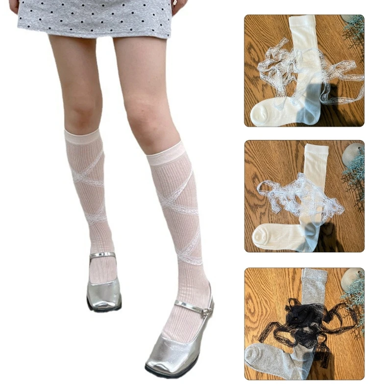 

Women Sweet Ballet Thin Ribbed Over Calf Socks Japanese JK Girl Lolita Lovely Lace Ribbon Ties Bandage Solid Color Stockings