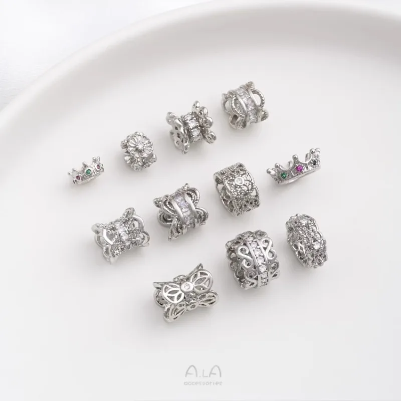 White Gold Inlaid Zircon Small Flower Bead Spacer Lace Double-sided Flower Tray Crown Bead Tray DIY Jewelry Accessories