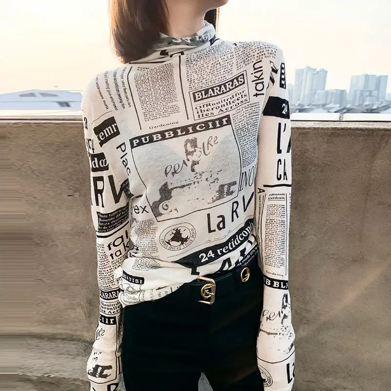 

Western-style Bottoming Shirt Spring and Autumn New Ins Versatile Fashion Printed High-neck Long-sleeved Sweater Thin Section