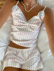 Women Y2k 2 Piece Lace Shorts Set Cutecore Heart Print Sleeveless V Neck Cami Top with Shorts Pajamas Sets Matching Sleepwear