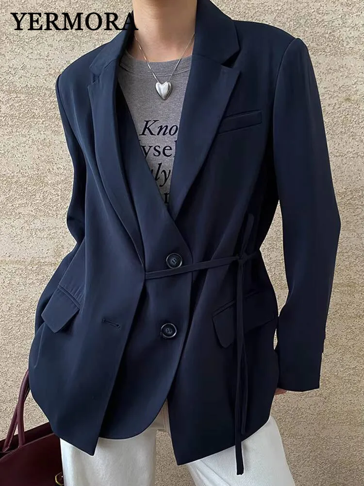 

YERMORA Green Fake Two Pieces Set Bandage Blazer For Women Lapel Long Sleeve Loose New Jacket Fashion Tide Spring Autumn 2025